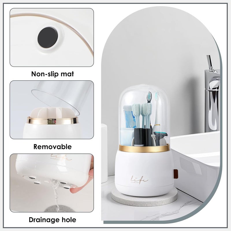 EXIN DECHEN Toothbrush Holders with Cover for Bathrooms, 360° Rotating 7-Slot Draining Water for Placing Kids Electric Toothbrushes,Toothpaste,Razors,Bathroom Counter Dresser Vanity Organizer(White) - Image 4